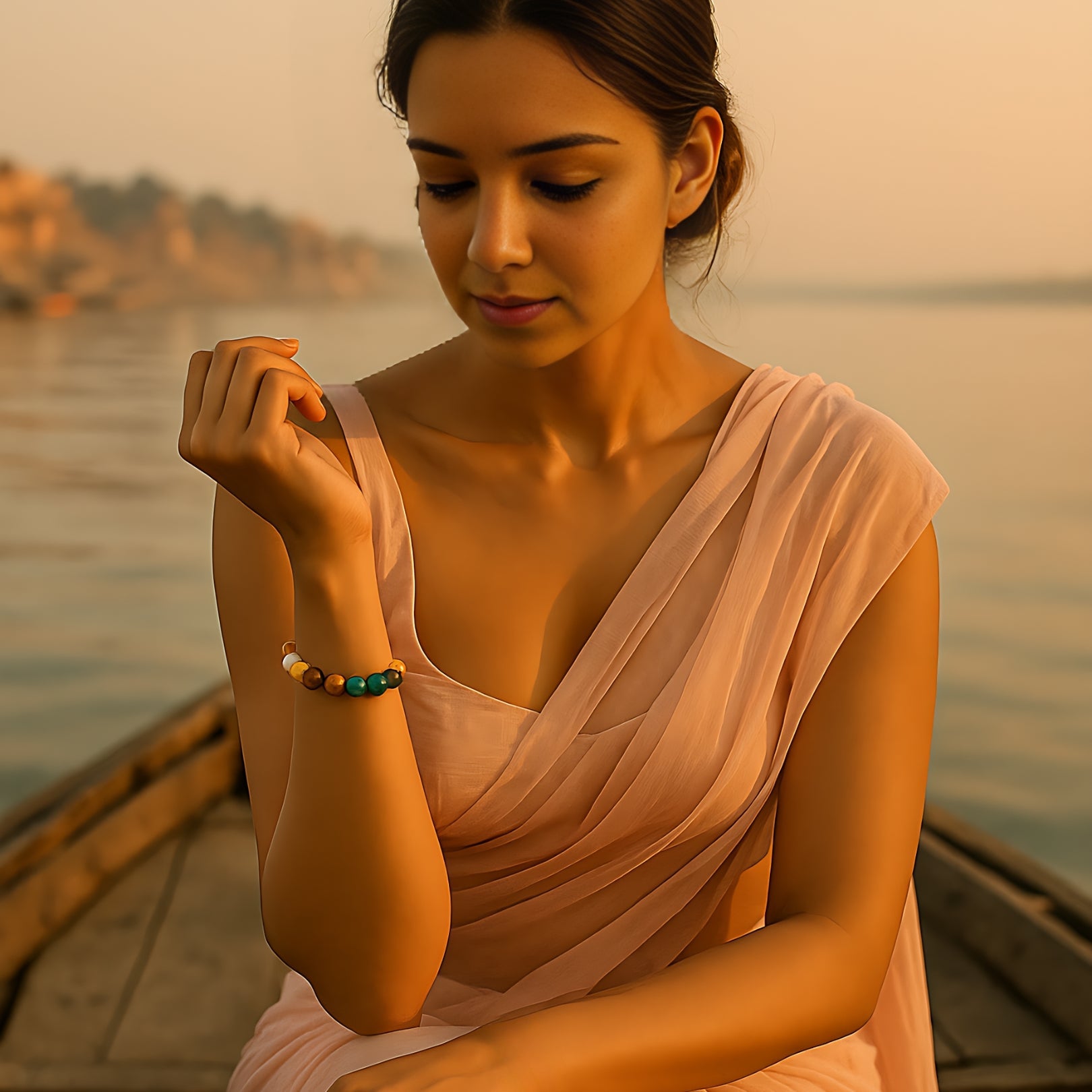 Woman in a light pink dress by a body of water with a warm, soft focus