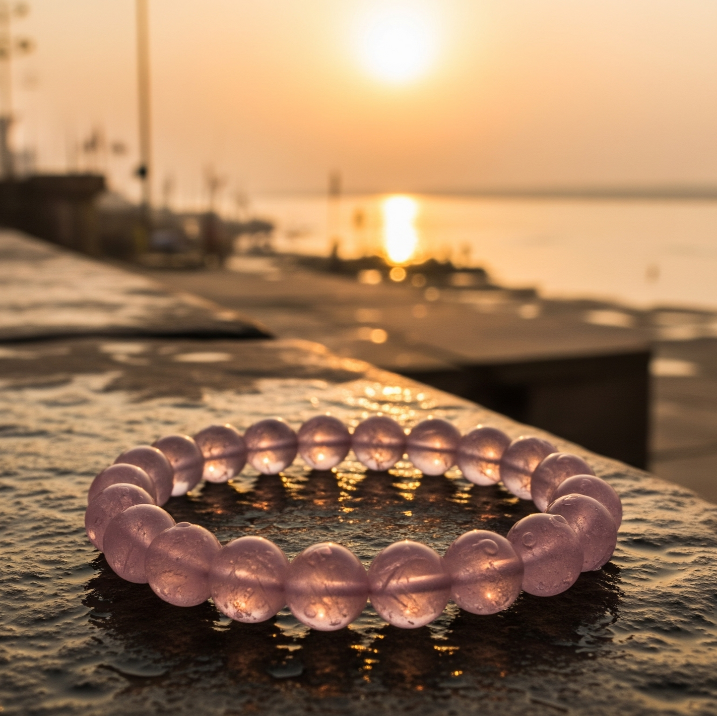 Pink beaded bracelet on a stone ledge with a sunset over water in the background