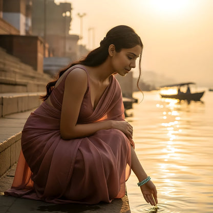 Woman in a pink dress sitting by a river at sunset