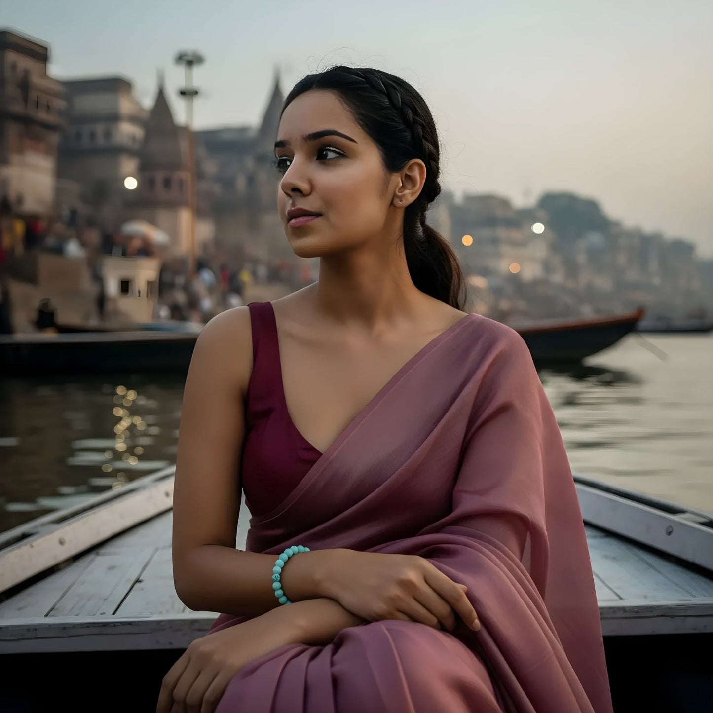 Woman in a pink saree sitting by a river with a cityscape in the background