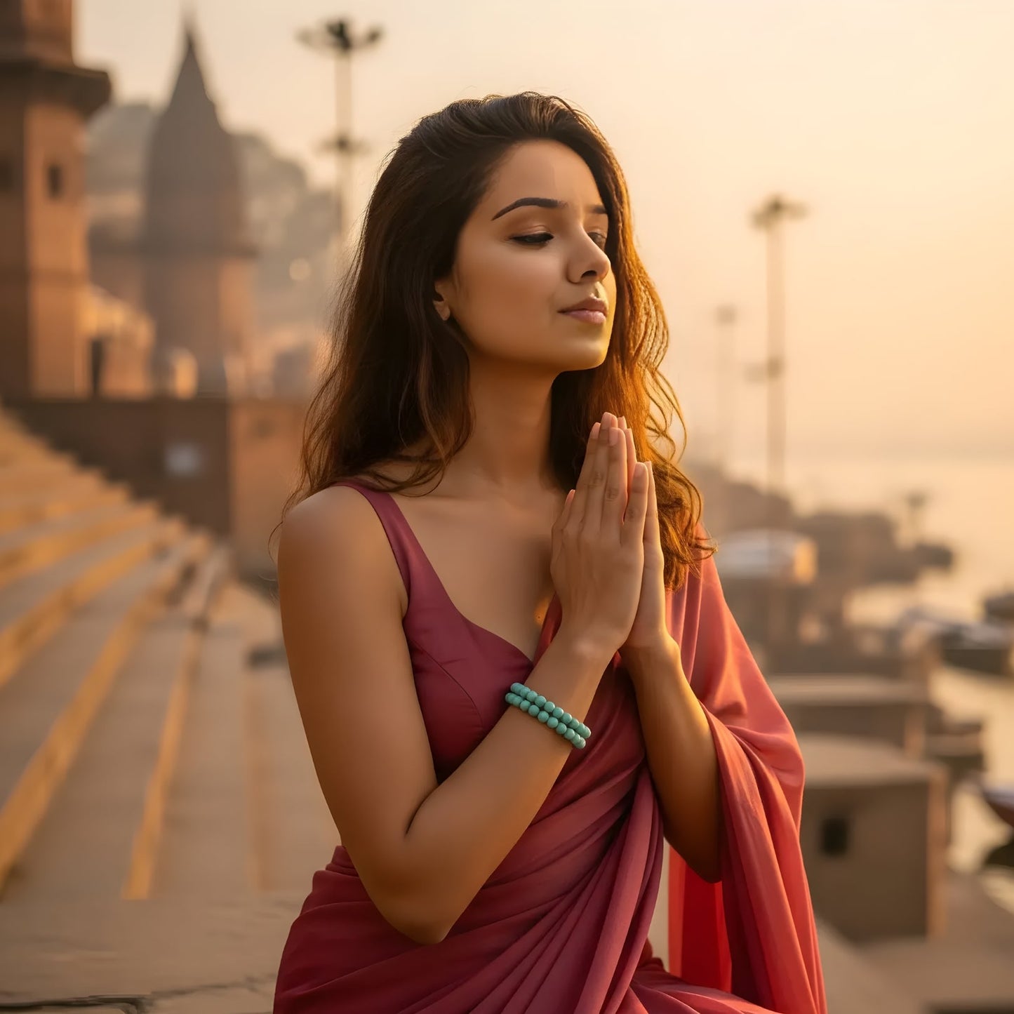 Woman in a red saree with hands pressed together in a prayer gesture against a blurred cityscape.